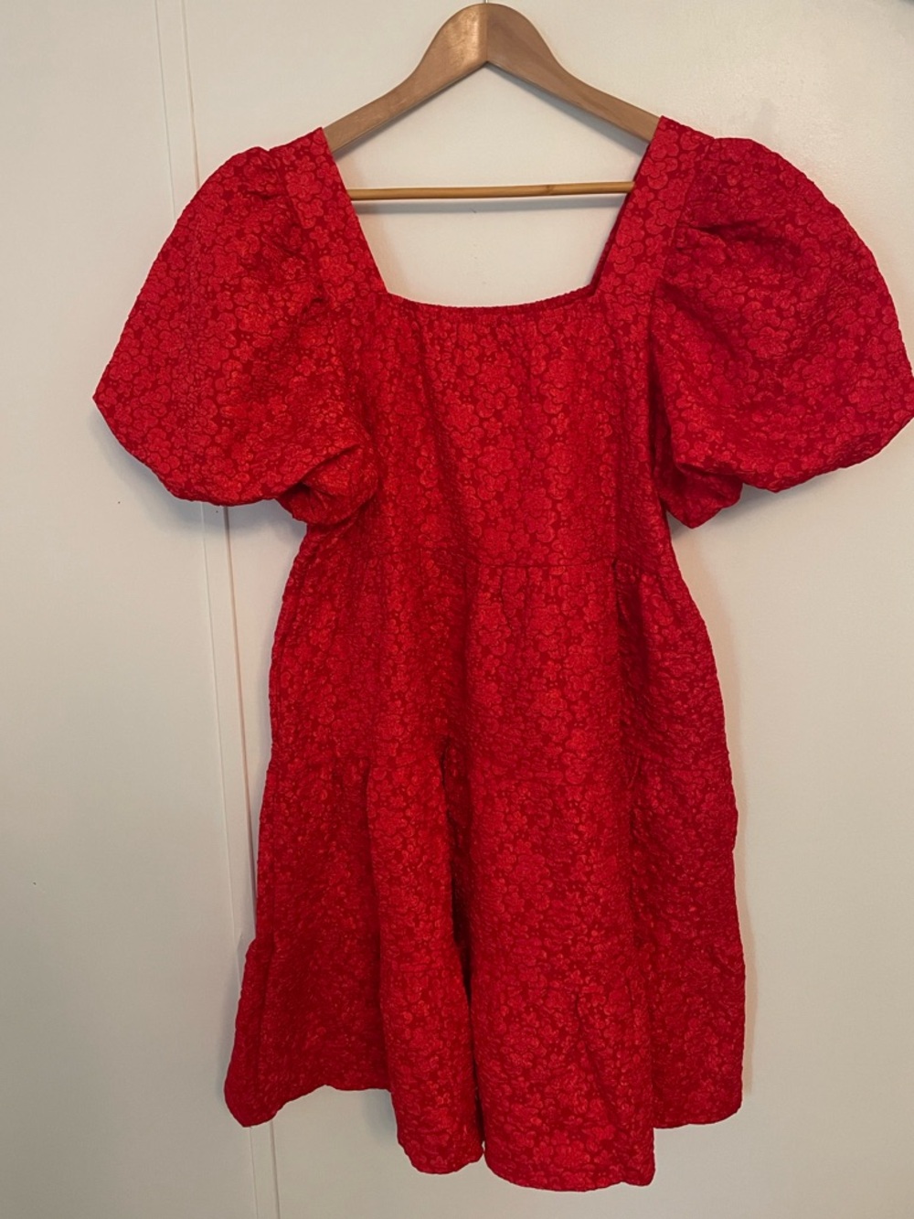 Southern Grace Jasmine Bright Red Puff-Sleeve Tiered Baby Doll Dress Size L - Picture 2 of 10